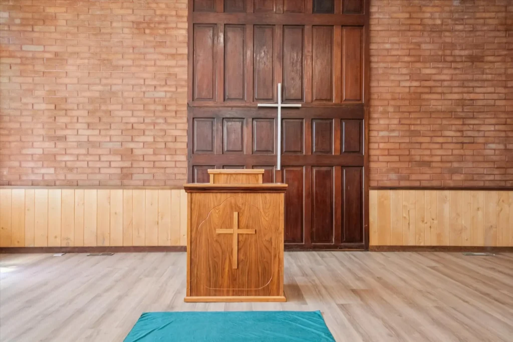 Inside view of the Historic Hubbard Chapel in Hubbard, OR